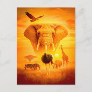 Cartão Postal De Festividades Exposição dupla de animais africanos com elefante