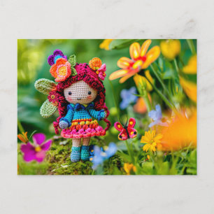 Cartão Postal De Festividades Fada Crochê com Flores Amarelas