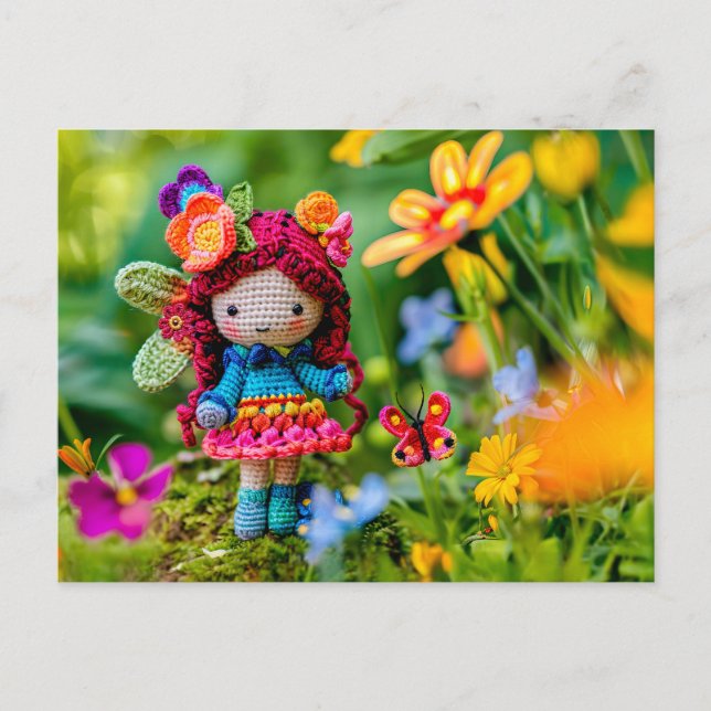 Cartão Postal De Festividades Fada Crochê com Flores Amarelas (Frente)