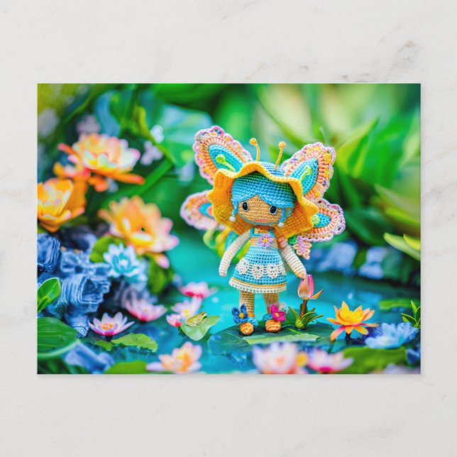 Cartão Postal De Festividades Fada de Crochê com Flores Azuis (Frente)