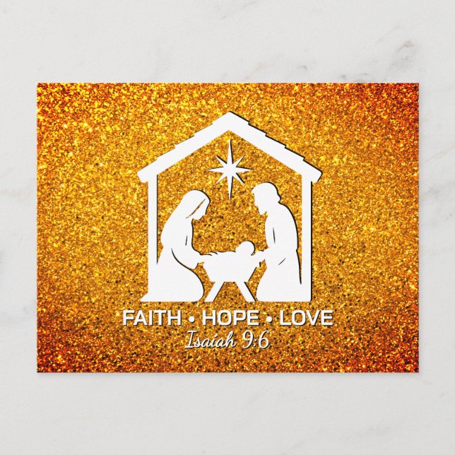 Cartão Postal De Festividades FAITH HOPE LOVE Glitter Christian Christmas (Frente)