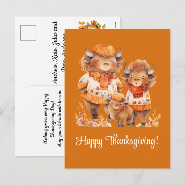 Cartão Postal De Festividades Família de Buffalos Felizes Ação de Graças (Frente/Verso)