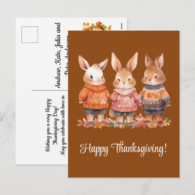 Cartão Postal De Festividades Família de Coelhos Feliz Ação de Graças (Frente/Verso)