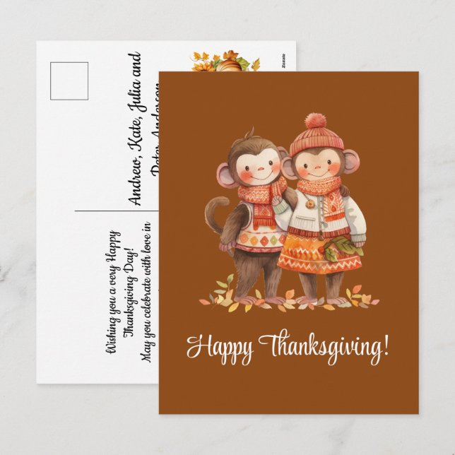 Cartão Postal De Festividades Família de Macacos Feliz Ação de Graças (Frente/Verso)
