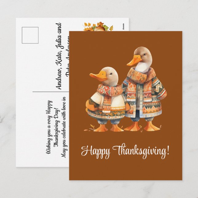 Cartão Postal De Festividades Família de Patos Feliz Ação de Graças (Frente/Verso)