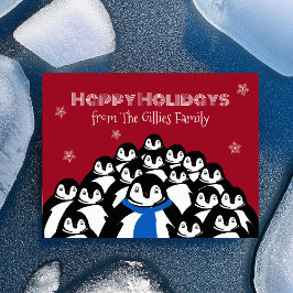 Cartão Postal De Festividades Família de Pinguim Divertida Natal Vermelho Cartão