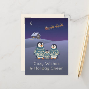 Cartão Postal De Festividades Família de Pinguim Fofo com Suéter Natal Moderno