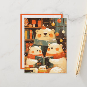 Cartão Postal De Festividades Família de Ursos Polares Lendo Juntos no Natal