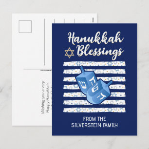 Cartão Postal De Festividades Família Dreidel Azul Personalizado Hanukkah