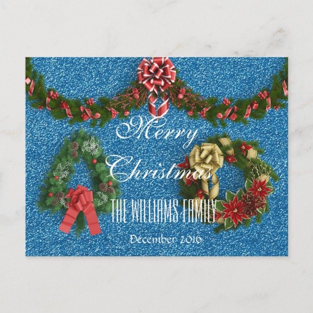 Cartão Postal De Festividades Família Feliz Natal Dezembro de 2016 Wreath Blue (Frente)