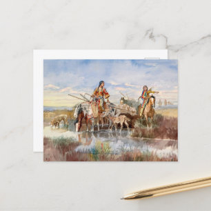 Cartão Postal De Festividades Família Indiana com Travois por Charles M. Russell