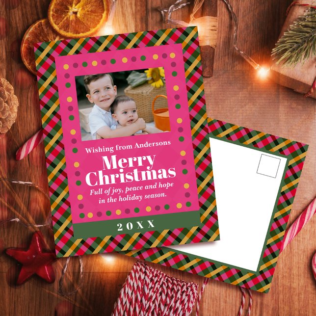 Cartão Postal De Festividades Family Christmas Plaid Photo Red Holiday Postcard (Criador carregado)