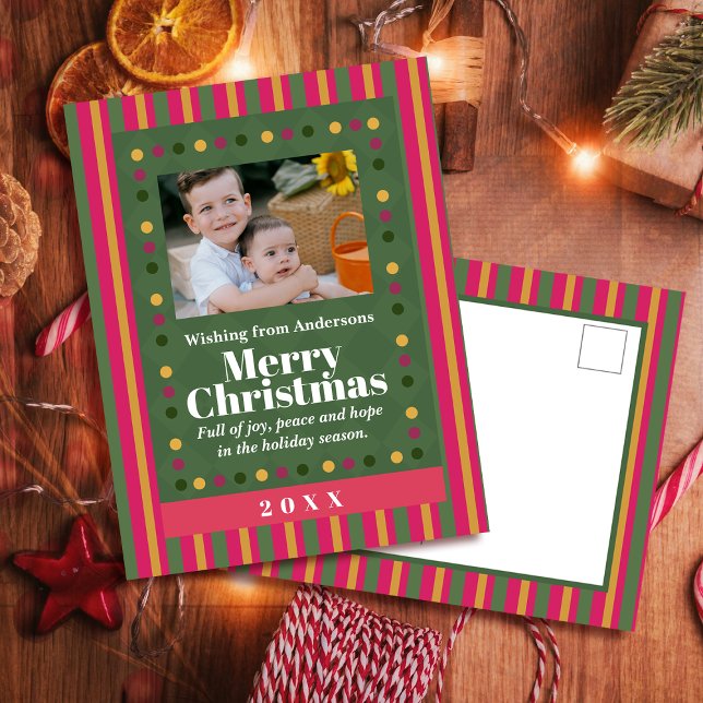 Cartão Postal De Festividades Family Christmas Stripe Photo Holiday Postcard (Criador carregado)