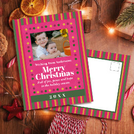 Cartão Postal De Festividades Family Christmas Stripe Photo Red Holiday Postcard