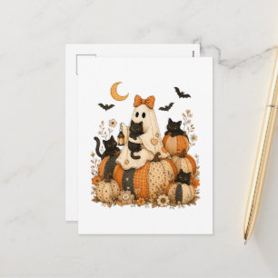 Cartão Postal De Festividades Fantasma Assustador de Halloween com Gatos Pretos 