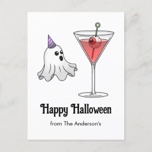Cartão Postal De Festividades Fantasma Bonita do Halloween e Cocktail Spooktail