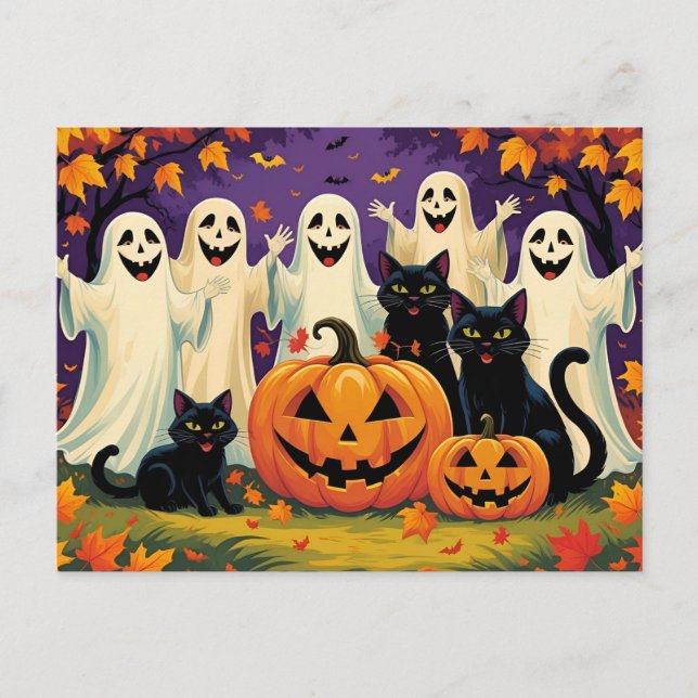 Cartão Postal De Festividades Fantasma de Halloween, Gatos e Pumpkins (Frente)