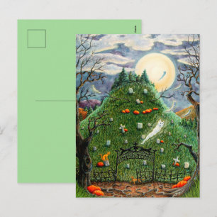 CARTÃO POSTAL DE FESTIVIDADES FANTASMAS DE GATO NO CEMITÉRIO DAS NOVE VIDAS, ART