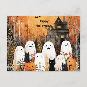 Cartão Postal De Festividades Fantasmas do Halloween, gatos pretos e morcegos,