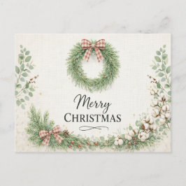 Cartão Postal De Festividades Farmhouse Cotton Wreath Merry Christmas 