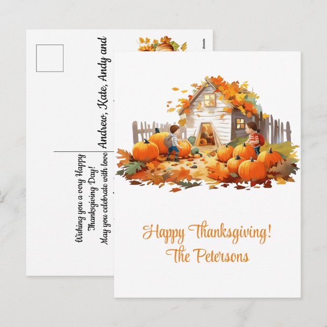 Cartão Postal De Festividades Farmhouse Pumpkins Feliz Ação de Graças (Frente/Verso)