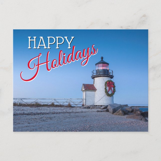 Cartão Postal De Festividades Farol com uma Grinalda de Natal (Frente)