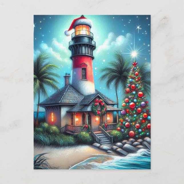 Cartão Postal De Festividades Farol Tropical de Natal Whimsical Vermelho Teal (Frente)