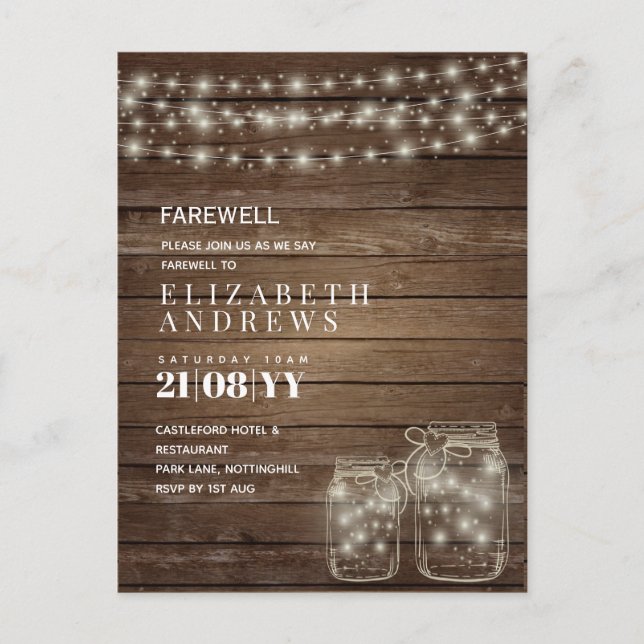 Cartão Postal De Festividades Farwell Rustic Mason Jars Lights Adeus Orçamento (Frente)