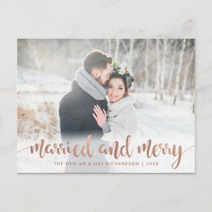 Cartão Postal De Festividades Faux Rose Gold Christmas Photo   Married and Merry