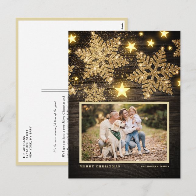 Cartão Postal De Festividades Faux Wood Dourado Glitter Snowflakes Foto Natal (Frente/Verso)