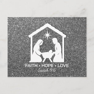 Cartão Postal De Festividades FÉ ESPERANÇA AMOR Glitter Prata Natal Cristão