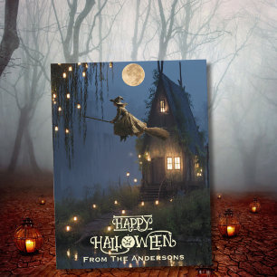 Cartão Postal De Festividades Feiticeira Assustadora Teve Floresta Halloween Fot