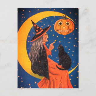 Cartão Postal De Festividades Feiticeira De Halloween Sentada Na Vintage Da Lua