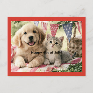 Cartão Postal De Festividades Feliz 4 de julho, cachorrinho fofo e gato tabby,