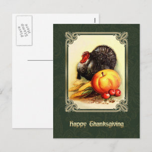 Cartão Postal De Festividades Feliz Ação de Graças. Vintage Turquia e Pumpkin