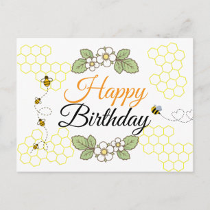 Cartão Postal De Festividades Feliz aniversário Abelha fofa Botânica 
