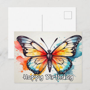 Cartão Postal De Festividades Feliz Aniversário, Aquarela, Borboleta, Arte de Ar