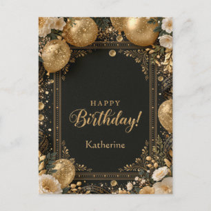 Cartão Postal De Festividades Feliz Aniversário com Nome Preto e Dourado Elegant