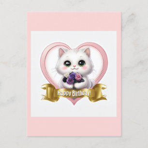 Cartão Postal De Festividades Feliz Aniversário de Gato Branco