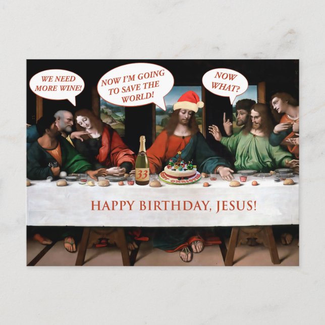 Cartão Postal De Festividades Feliz Aniversário de Natal Jesus História em quadr (Frente)