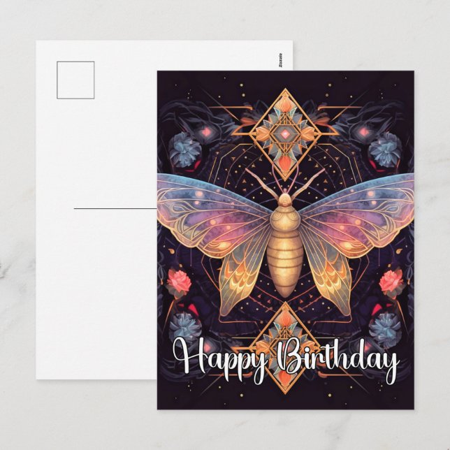Cartão Postal De Festividades Feliz Aniversário - Design da Borboleta Vibrante (Frente/Verso)