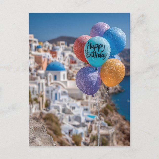 Cartão Postal De Festividades Feliz aniversário dos Balões em Santorini, Grécia (Frente)