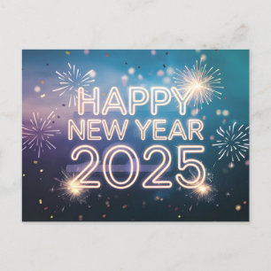 Cartão Postal De Festividades Feliz ano novo 2025 com texto colorido