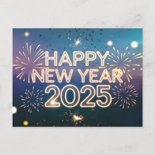 Cartão Postal De Festividades Feliz ano novo 2025 com texto colorido