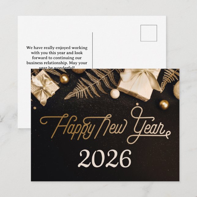 Cartão Postal De Festividades feliz ano novo 2026 Black Custom Dourado Business (Frente/Verso)