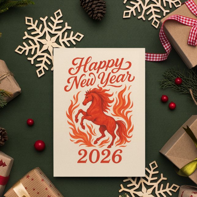 Cartão Postal De Festividades Feliz ano novo 2026 Cavalo de Fiery (Chinese New Year Card 2026 - Year of the Fire Horse)