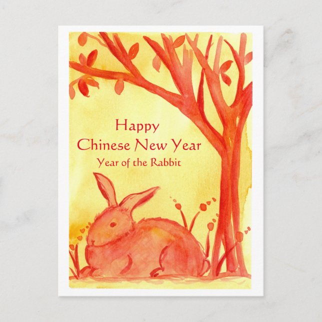 Cartão Postal De Festividades Feliz Ano Novo Chinês Da Aquarela De Coelho (Frente)