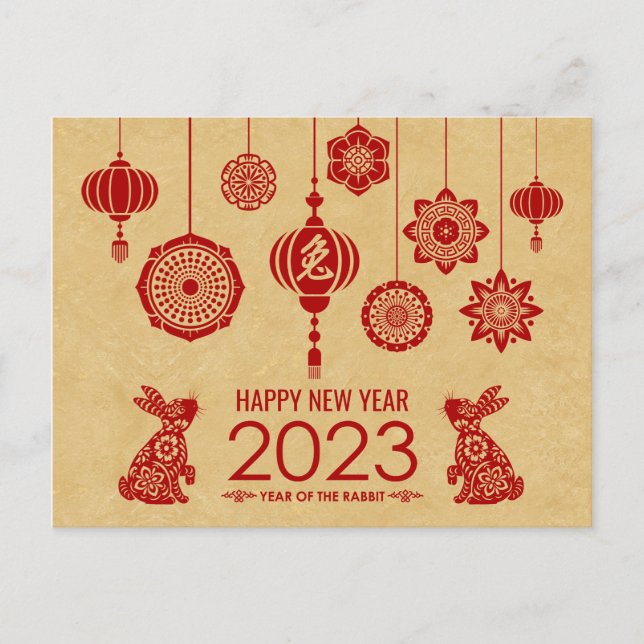 Cartão Postal De Festividades Feliz Ano Novo Chinês do Coelho 2023 (Frente)