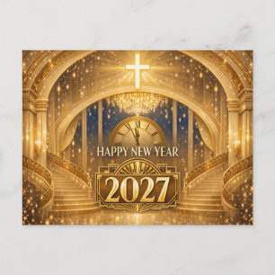 Cartão Postal De Festividades Feliz Ano Novo Cristão Dourado Elegante 2027