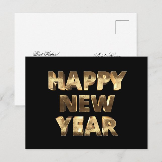 Cartão Postal De Festividades Feliz ano novo de Texto Preto e Dourado (Frente/Verso)